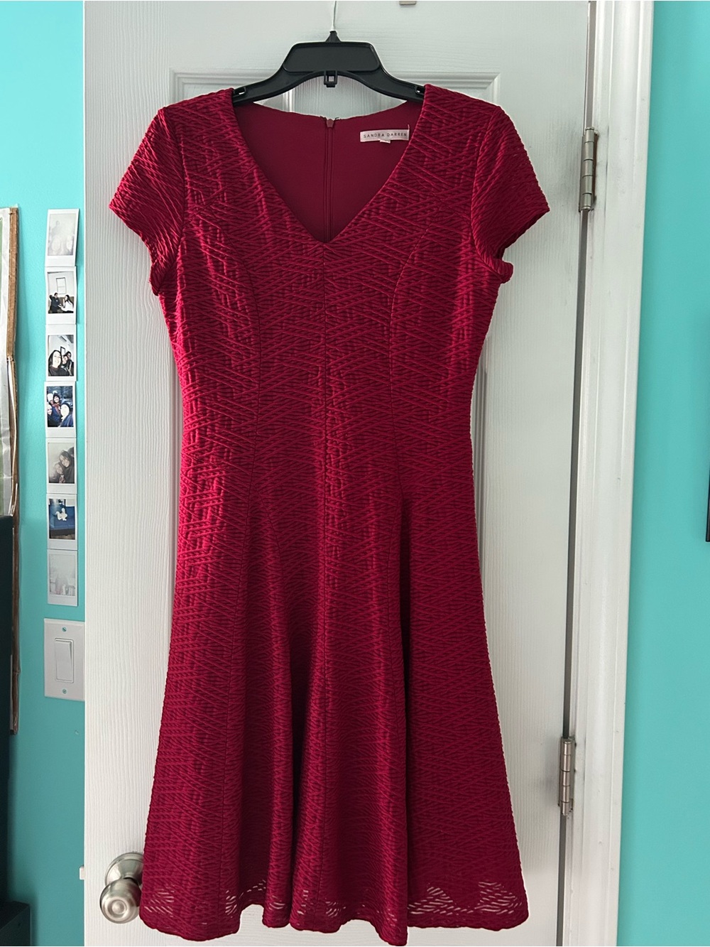 Sandra Darren Red Textured V-Neck Midi Dress